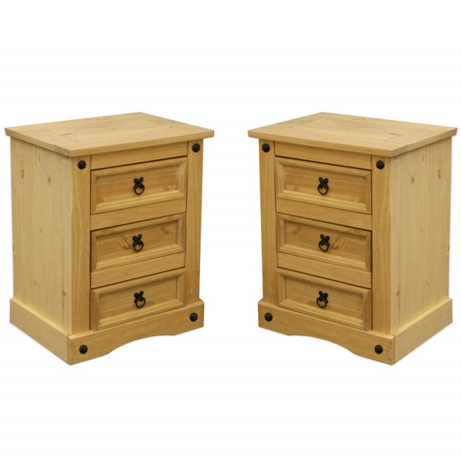 Set of 2 Corona Mexican 3 Drawer Bedside Tables In Solid Pine 