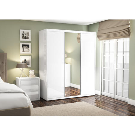 Lexi White High Gloss Triple Wardrobe With 2 Gloss 1 Mirror Doors