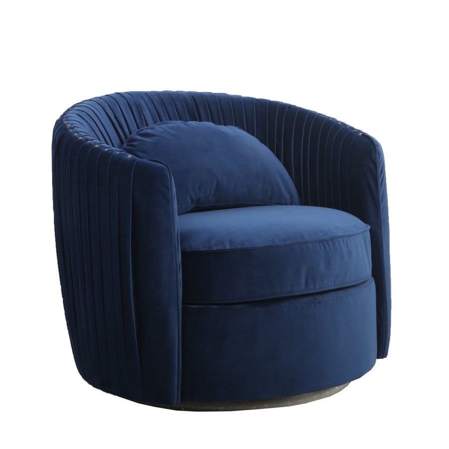 Round Swivelling Pleated Velvet Armchair in Midnight Blue