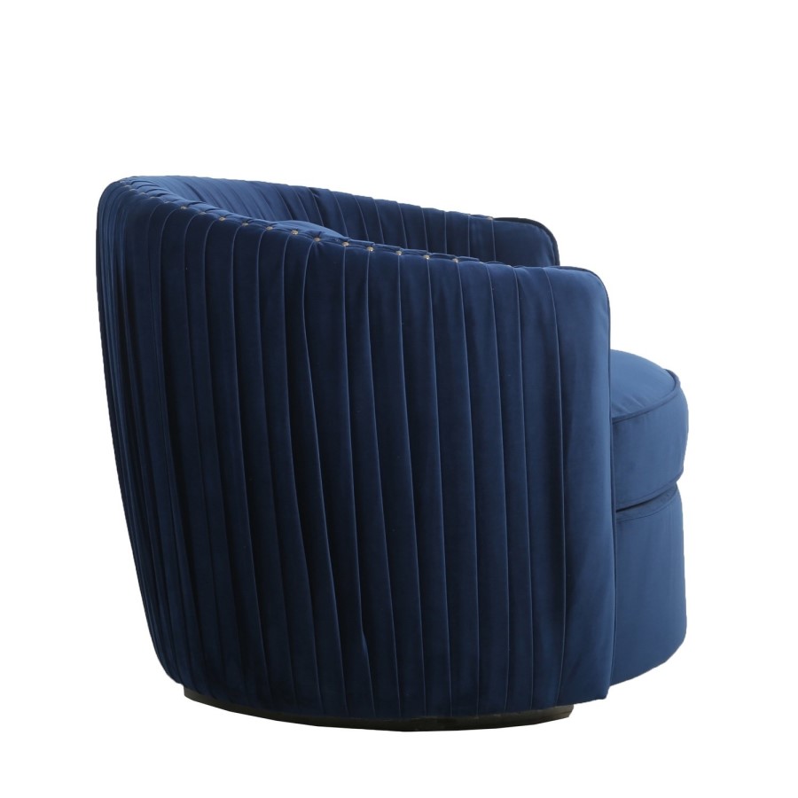 Round Swivelling Pleated Velvet Armchair in Midnight Blue