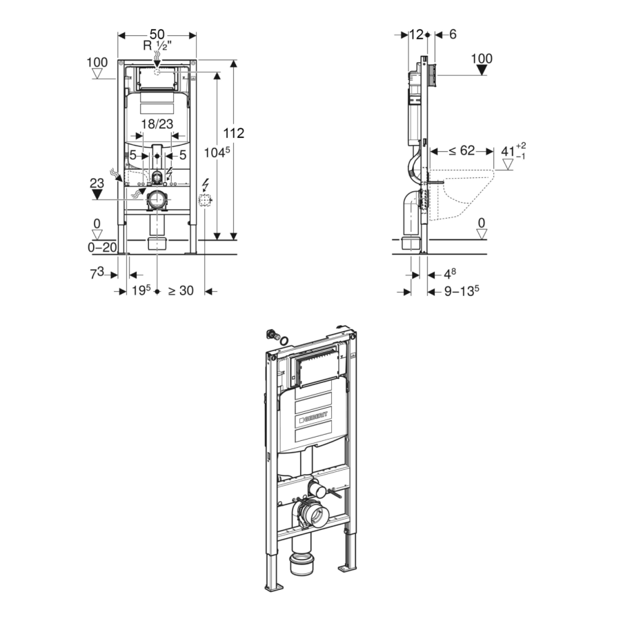 Geberit 1120mm Duofix Frame and Sigma Concealed Cistern with Black Flush Plate