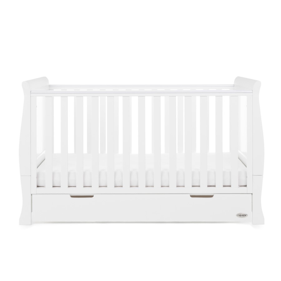 Stamford White Sleigh Cot Bed with Drawer - Obaby