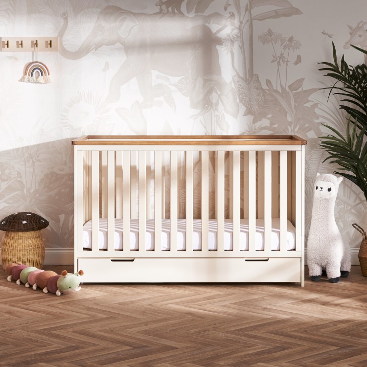 Evie Cot Bed with drawer in cashmere - Obaby 