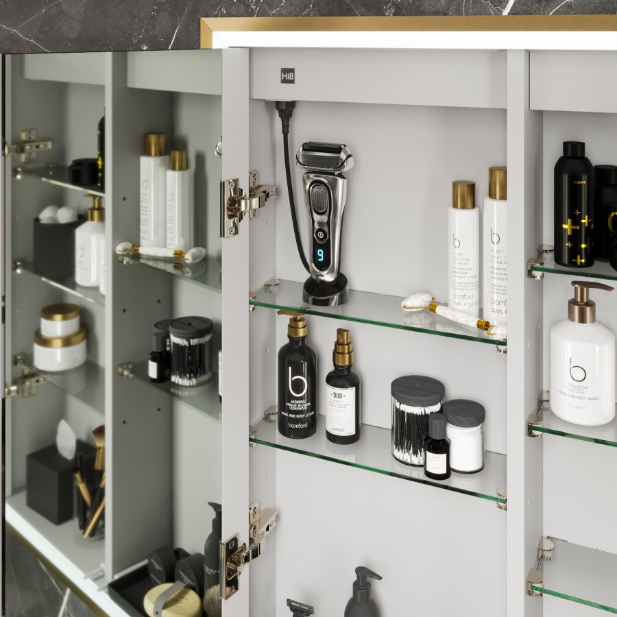 HIB Vanquish 60 Recessed Brass Bathroom Mirror Cabinet with Lights - 630 x 730mm