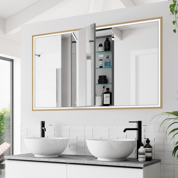 HIB Vanquish 120 Recessed Brass Bathroom Mirror Cabinet with Lights - 1230 x 730mm