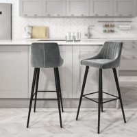 Grade A2 - Set of 2 Macie Grey Velvet Bar Stool with Black Legs