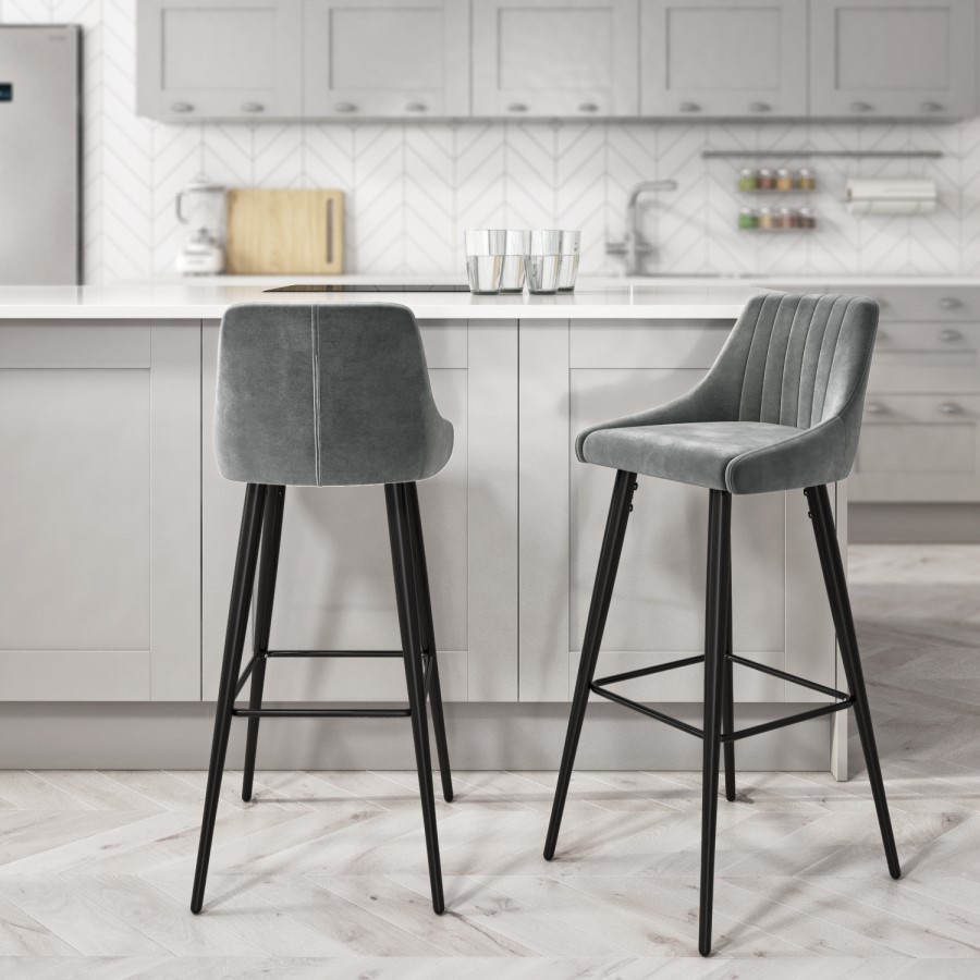 GRADE A2 - Macie Grey Velvet Bar Stool with Black Legs