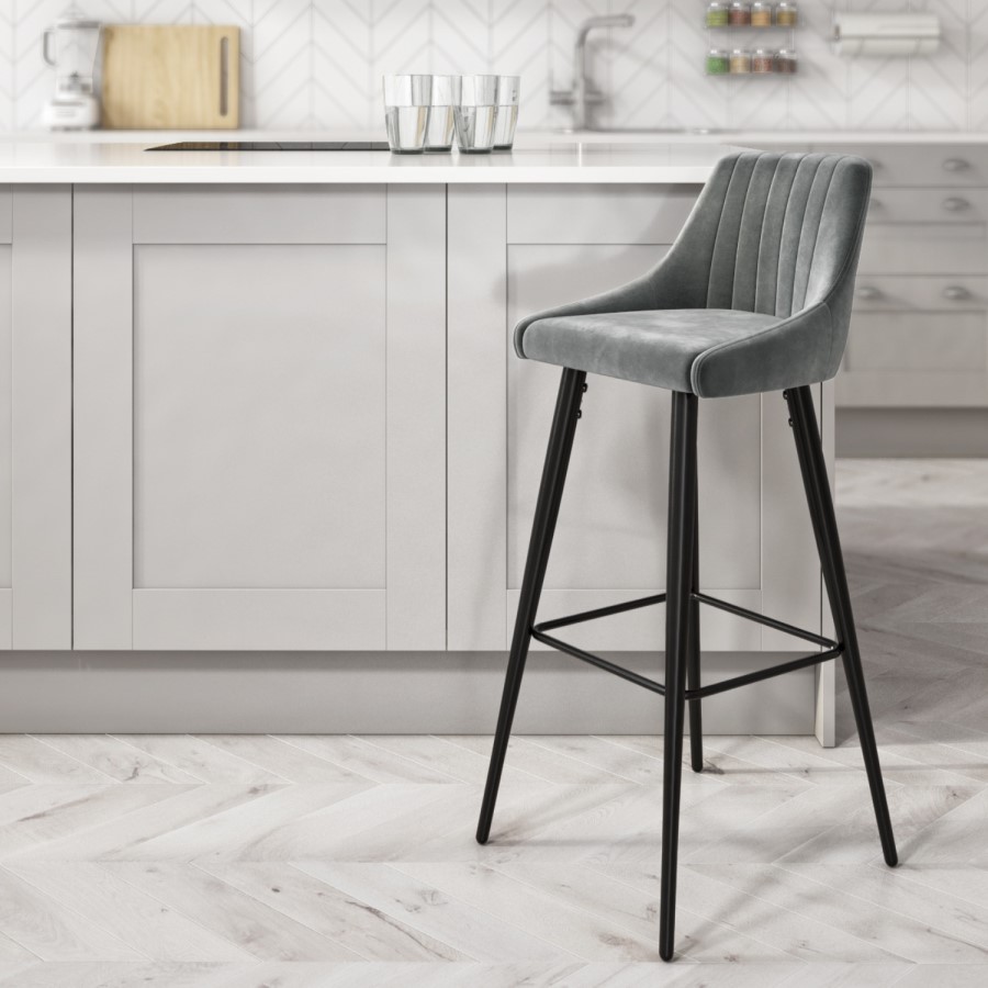 GRADE A2 - Macie Grey Velvet Bar Stool with Black Legs