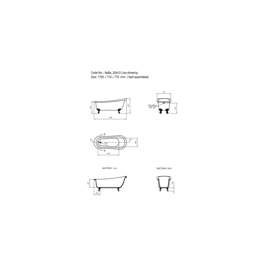 GRADED A2 -Freestanding Single Ended Roll Top Slipper Bath with Brushed Brass Feet 1700 x 710mm - Park Royal 
