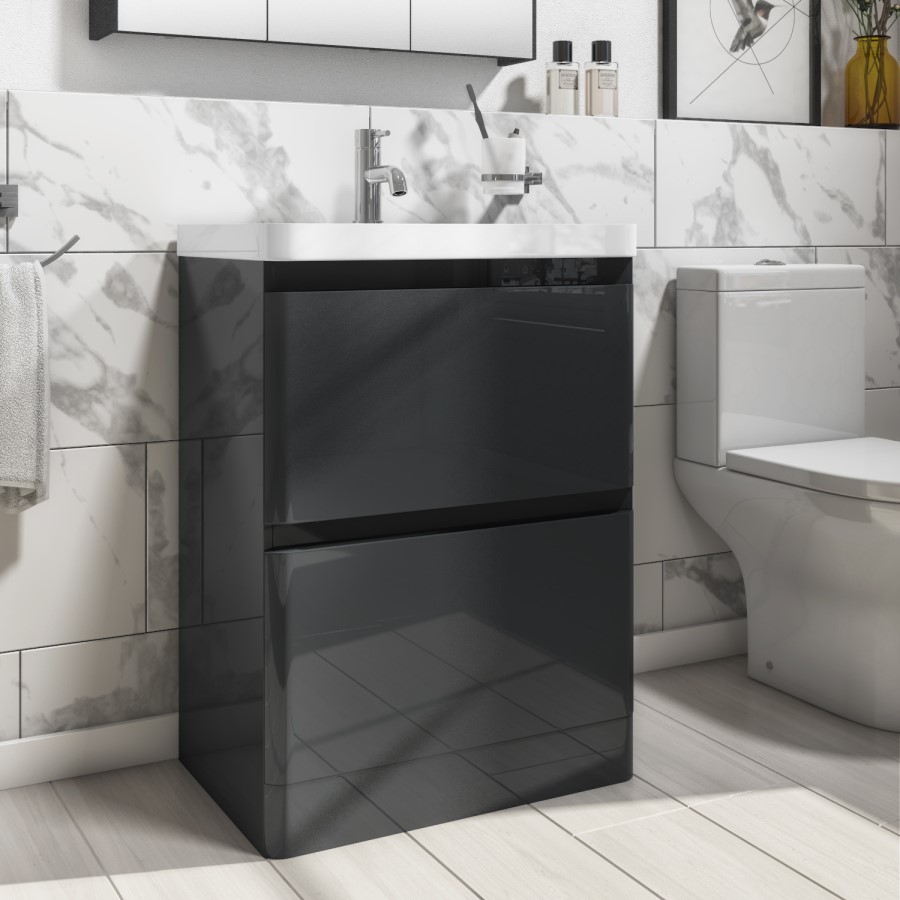 Grade A1 - 600mm Dark Grey Freestanding Vanity Unit with Basin - Pendle