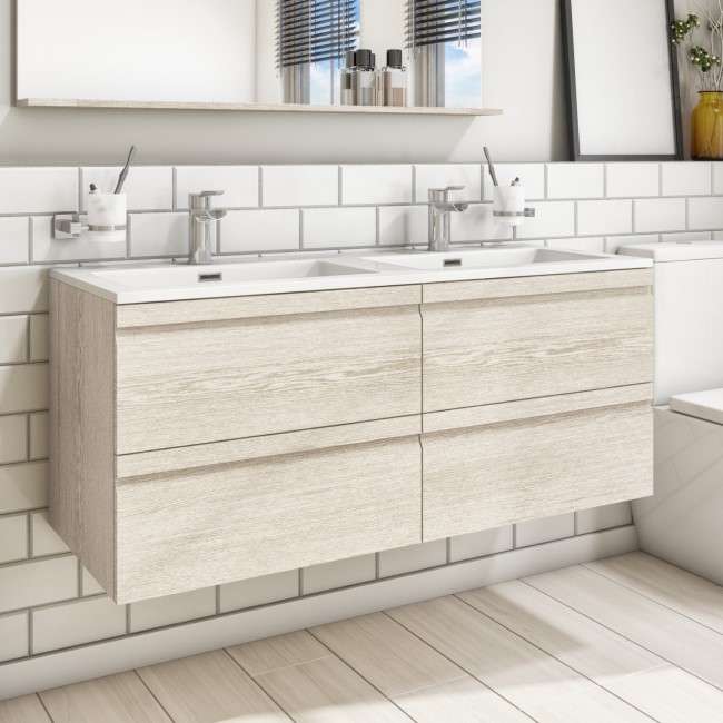1200mm Light Wood Effect Wall Hung Double Vanity Unit with Basins - Boston
