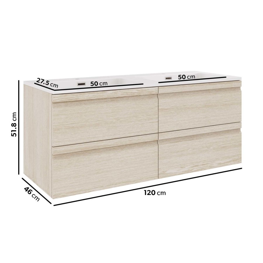 Grade A1 - 1200mm Light Oak Wall Hung Vanity Unit with Basin - Boston