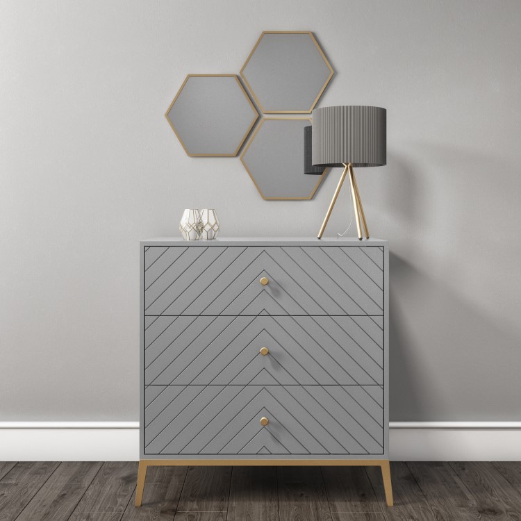 Grey Chevron Chest of 3 Drawers with Legs - Ezra