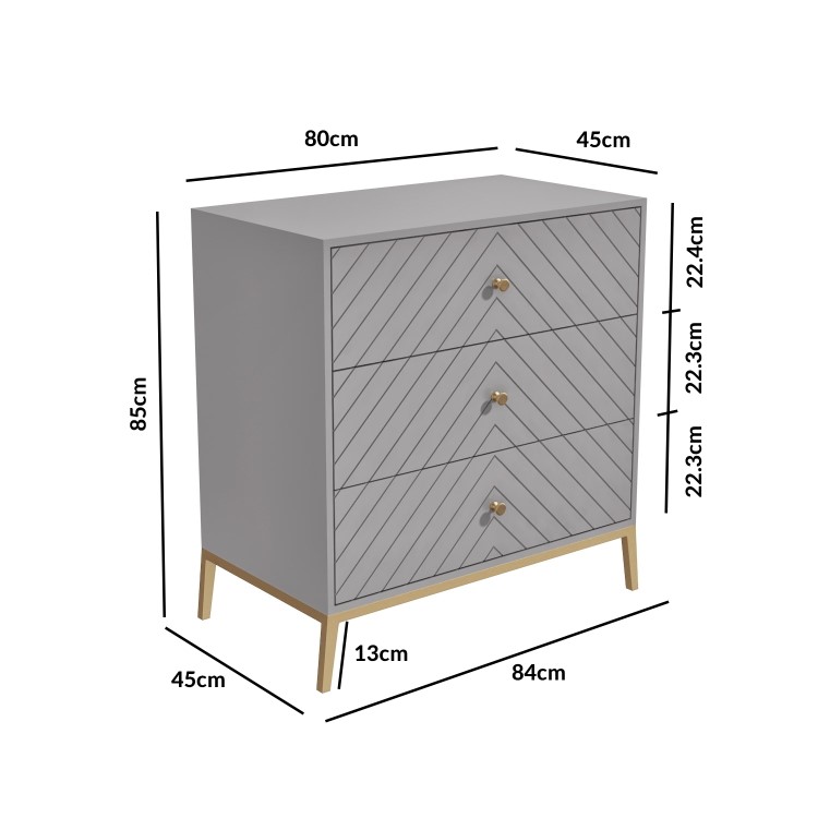 Grey Chevron Chest of 3 Drawers with Legs - Ezra