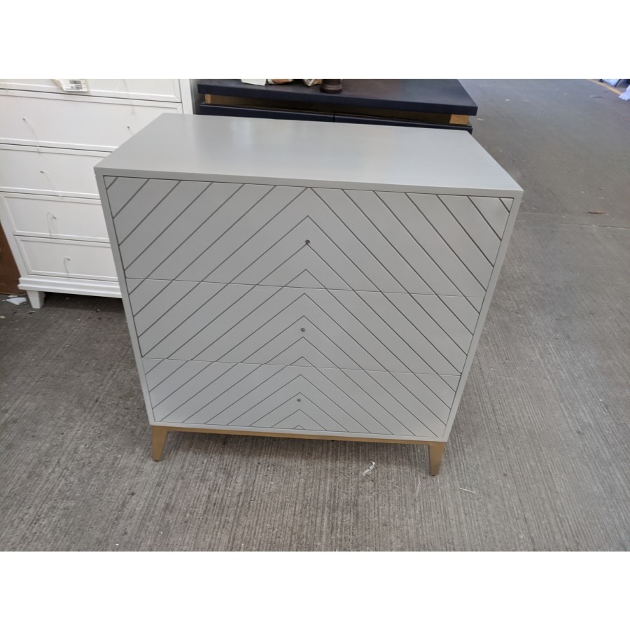 GRADE A2 - Ezra Grey Chevron Chest of 3 Drawers with Legs and Avellino Iridescent Dimpled Smoked Glass Wall Light