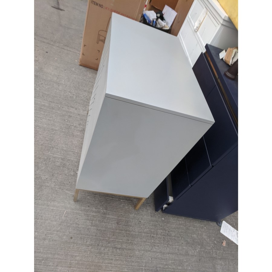 GRADE A2 - Ezra Grey Chevron Chest of 3 Drawers with Legs and Avellino Iridescent Dimpled Smoked Glass Wall Light