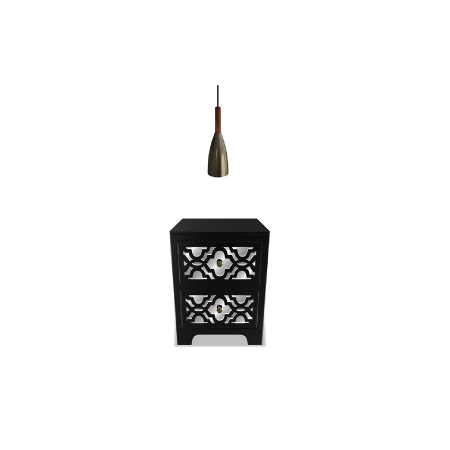 GRADE A2 - Alexis Black Mirrored Boho 2 Drawer Bedside Table with Destin Nickel Cloche Pendant Light
