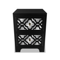 GRADE A2 - Black Solid Wood 2 Drawer Bedside Table with Carved Detail - Alexis