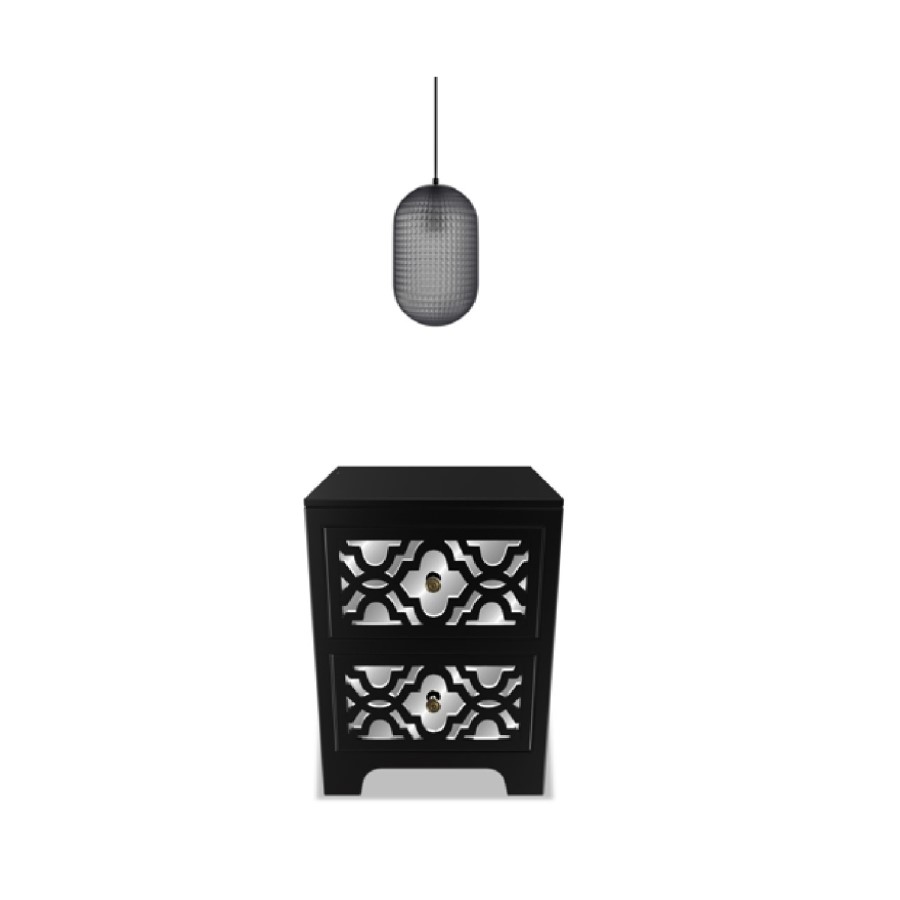 GRADE A2 - Alexis Black Mirrored Boho 2 Drawer Bedside Table with Lugo Dark Grey Textured Smoked Glass Long Pendant Light
