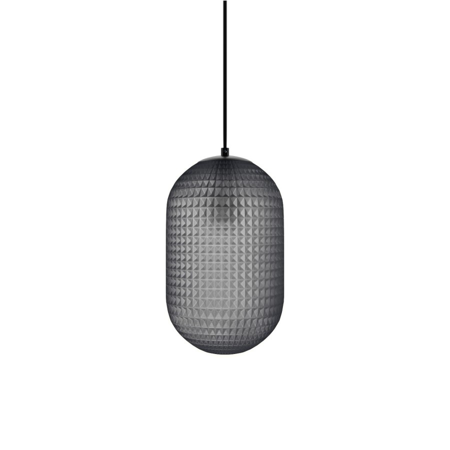 GRADE A2 - Alexis Black Mirrored Boho 2 Drawer Bedside Table with Lugo Dark Grey Textured Smoked Glass Long Pendant Light