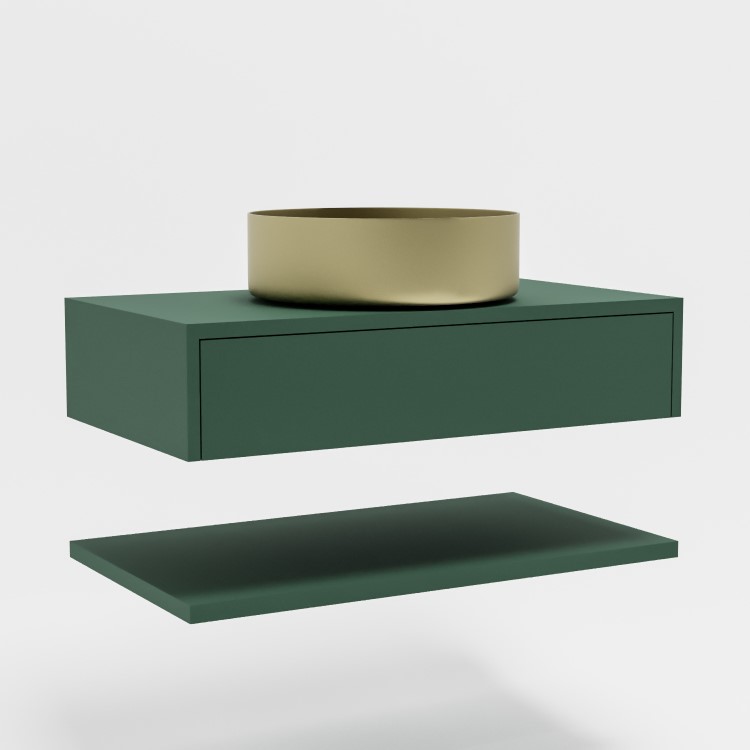 800mm Green Wall Hung Countertop Vanity Unit with Brass Basin and Shelves - Lugo