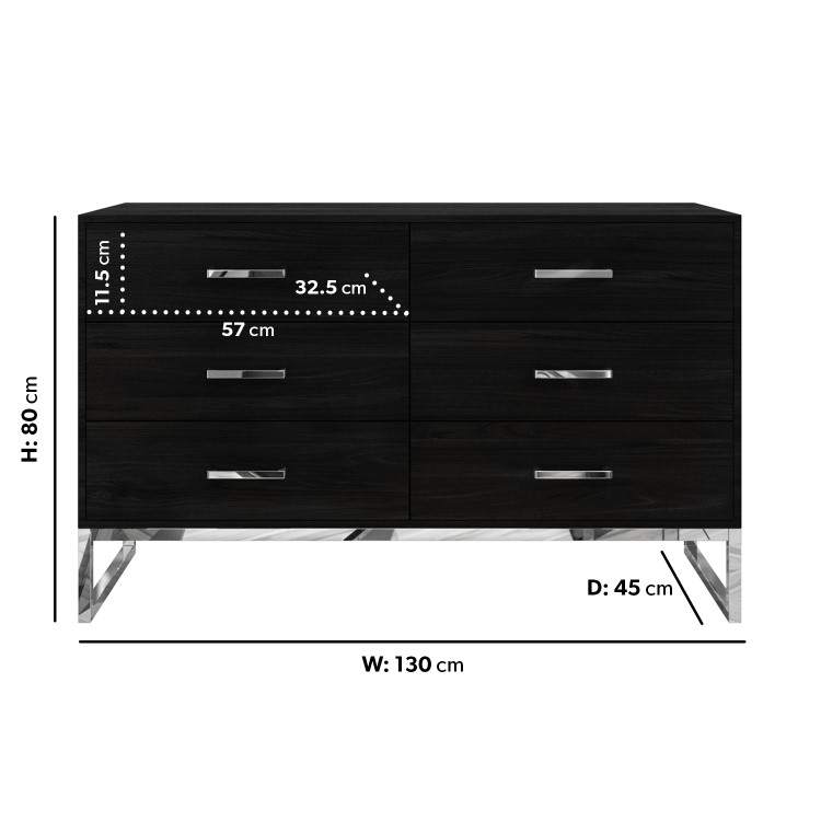 Wide Black Modern Chest of 6 Drawers with Legs - Kaia