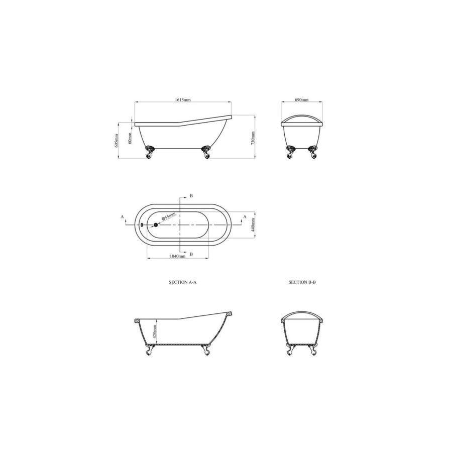 Grade A1 - Blue Freestanding Single Ended Roll Top Slipper Bath with White Feet 1615 x 690mm - Baxenden