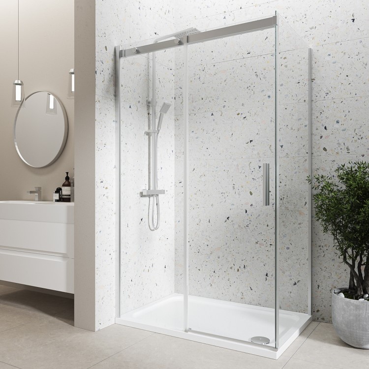 Chrome 8mm Glass Frameless Rectangular Sliding Shower Enclosure with Shower Tray 1000x800mm - Aquila