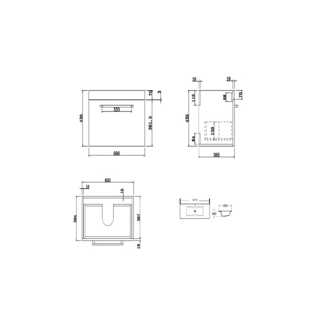 Grade A1 - 600mm White Wall Hung Vanity Unit with Basin - Ashford