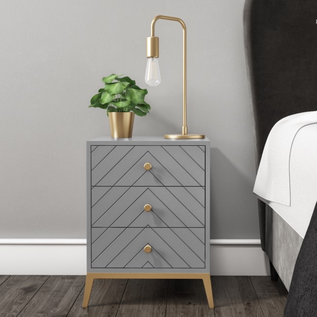 Grey Chevron 3 Drawer Bedside Table with Legs - Ezra