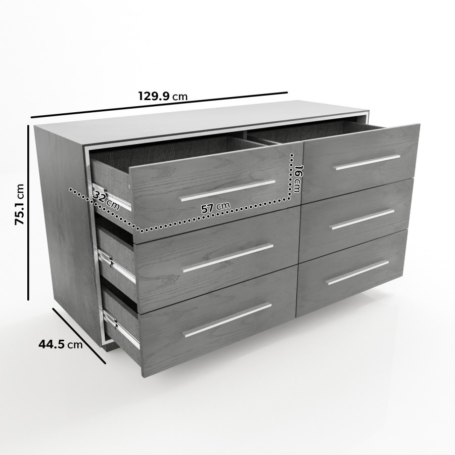 Wide Grey Oak Rustic Chest of 6 Drawers - Franco
