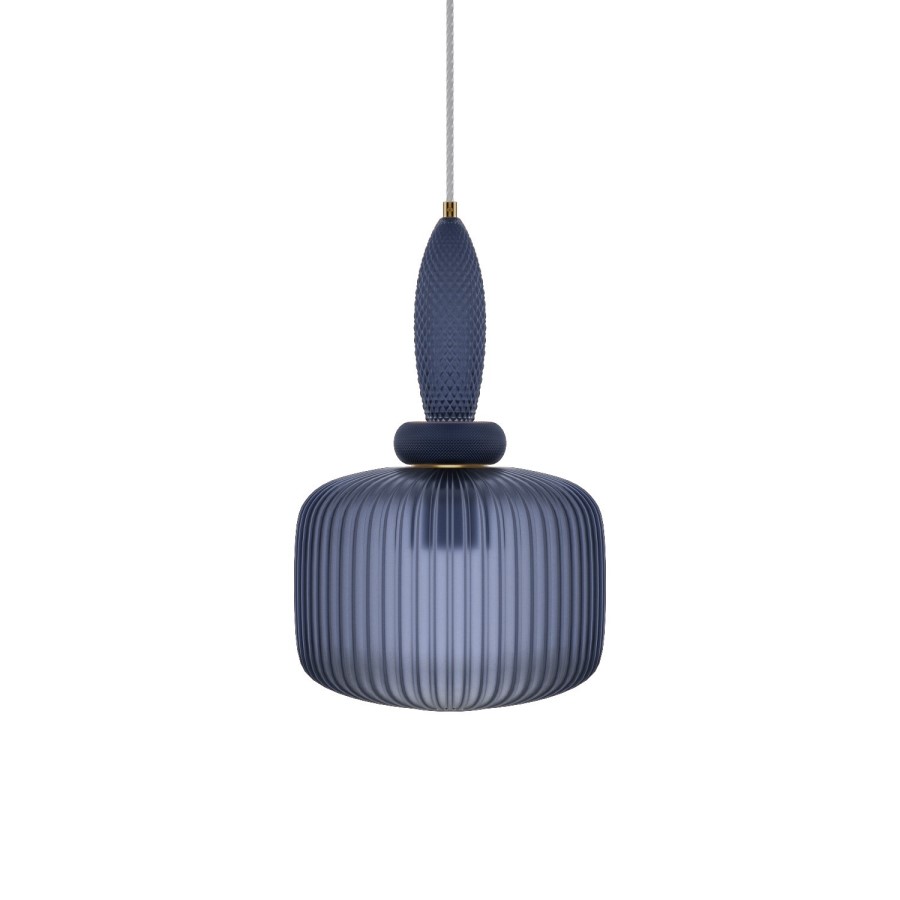 GRADE A1 - Harper White Solid Wood 1 Drawer Bedside Table with Biella Navy Ribbed Smoked Glass Pendant Ceiling Light