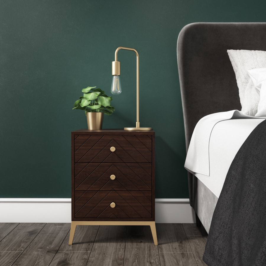 GRADE A3 - Jude Chevron 3 Drawer Bedside Table in Dark Wood