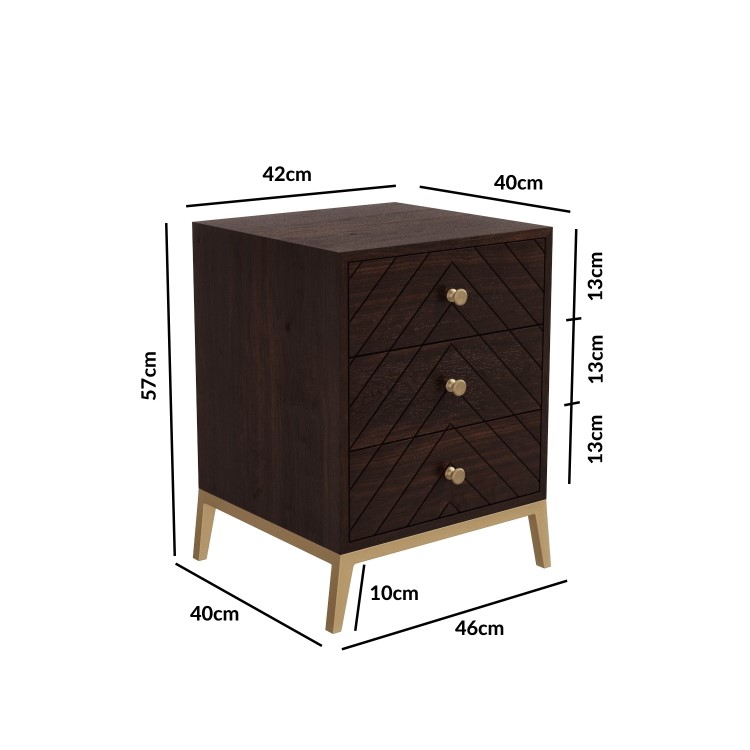 Mango Wood Chevron 3 Drawer Bedside Table with Legs - Jude