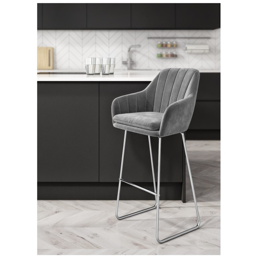 GRADE A1 - Grey Velvet Tub Bar Stool with Chrome Legs - Logan