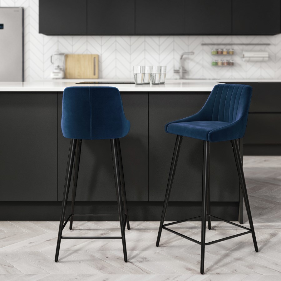 GRADE A1 - Two Navy Blue Velvet Upholstered Bar Stool - Macie Bundle
