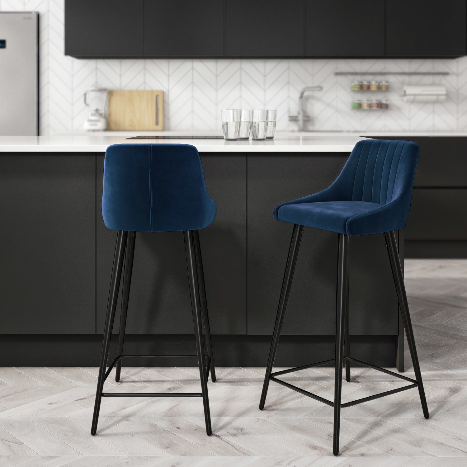 GRADE A1 - Two Navy Blue Velvet Upholstered Bar Stool - Macie Bundle ...