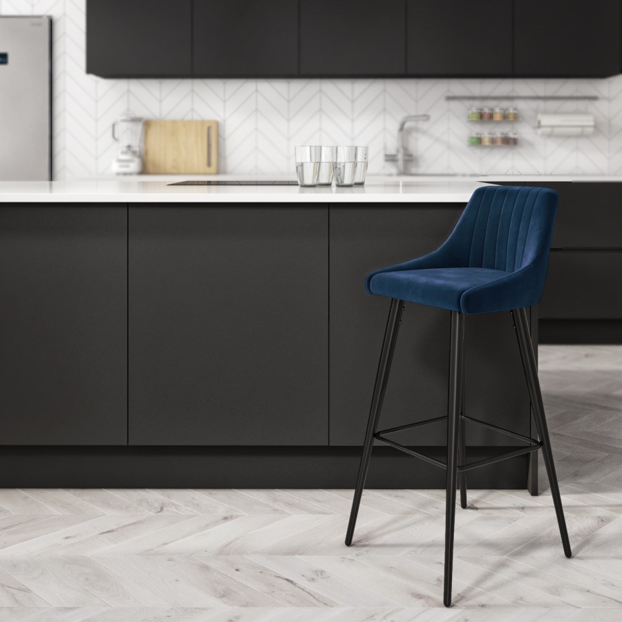 GRADE A2 - Navy Blue Velvet Upholstered Bar Stool - Macie