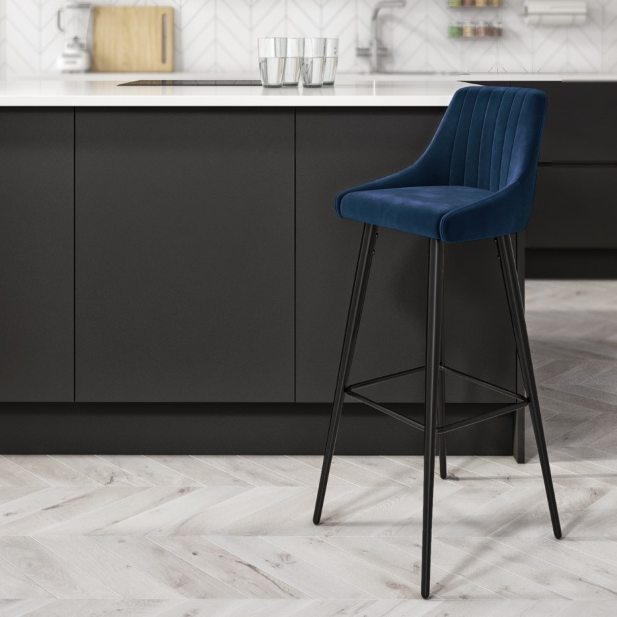 GRADE A2 - Navy Blue Velvet Upholstered Bar Stool - Macie