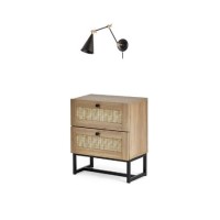 GRADE A1 - Julian Bowen Rattan 2 Drawer Bedside Table in Oak with Rome Black Cone Wall Light with Brass Finish 