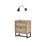 GRADE A1 - Julian Bowen Rattan 2 Drawer Bedside Table in Oak with Rome Black Cone Wall Light with Brass Finish 