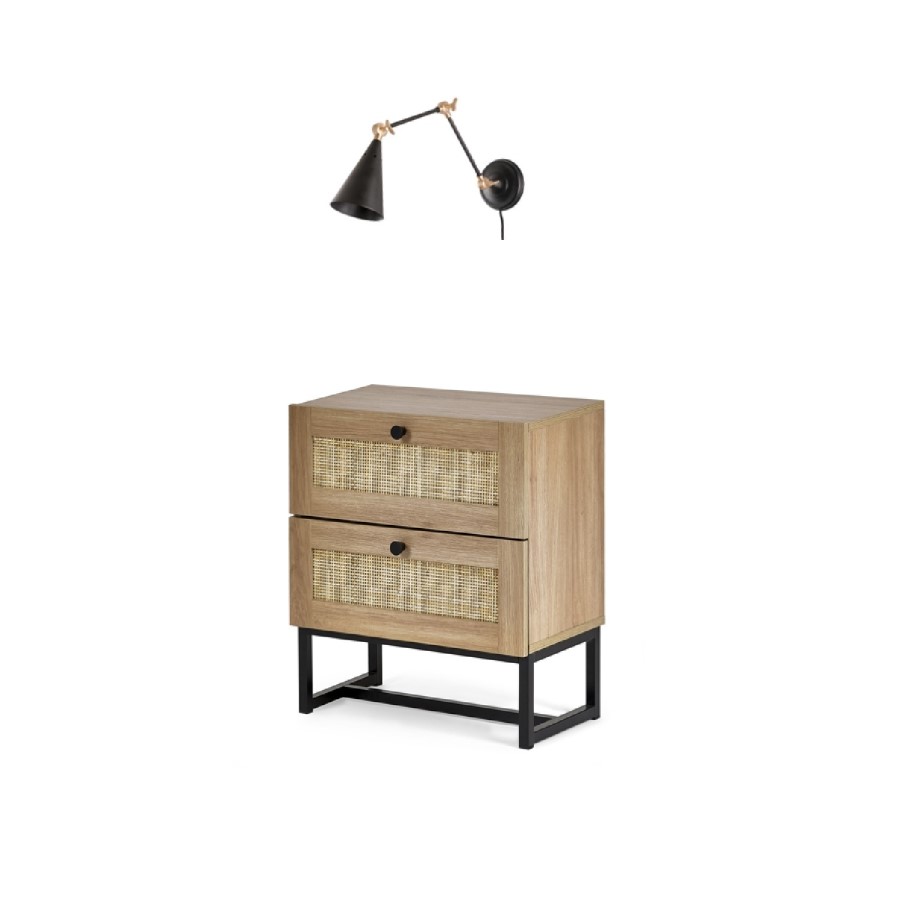 GRADE A1 - Julian Bowen Rattan 2 Drawer Bedside Table in Oak with Rome Black Cone Wall Light with Brass Finish 