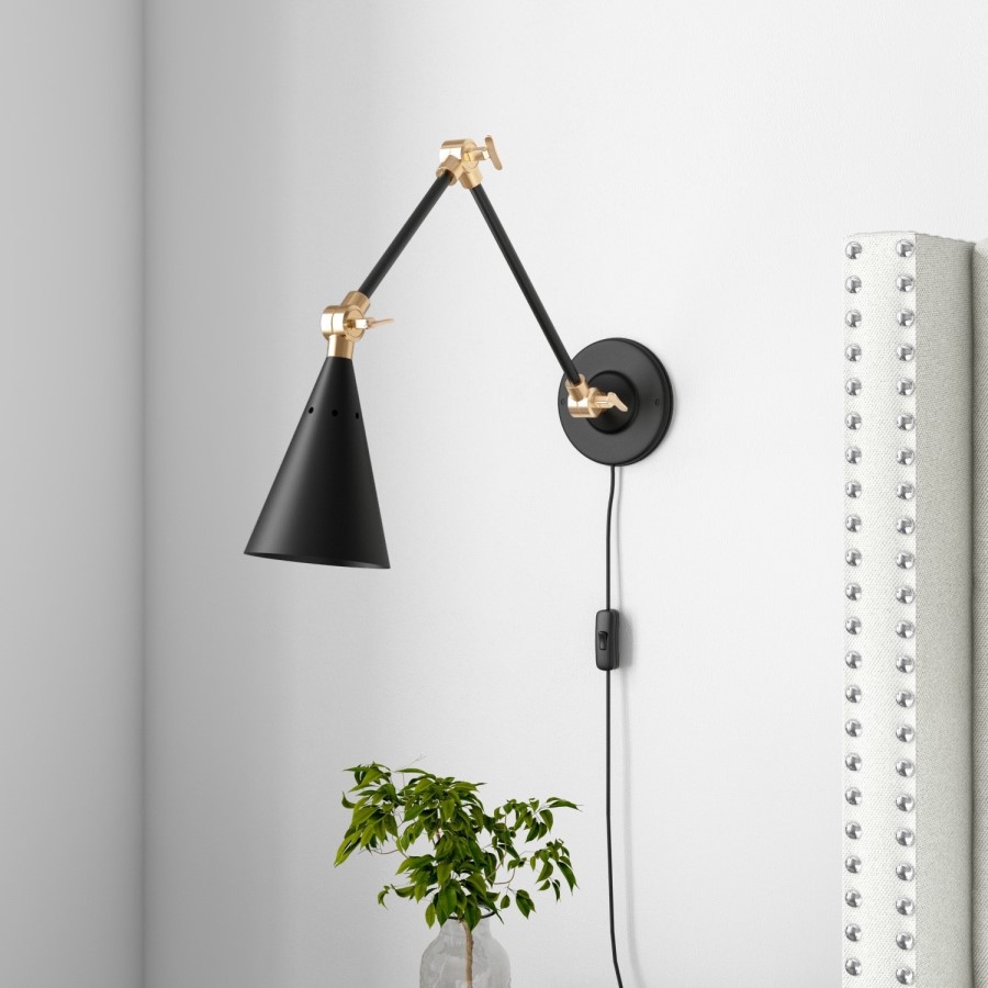 GRADE A1 - Julian Bowen Rattan 2 Drawer Bedside Table in Oak with Rome Black Cone Wall Light with Brass Finish 