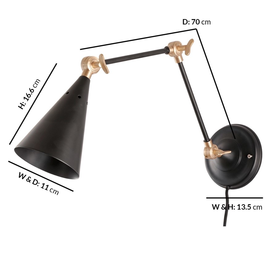 GRADE A1 - Julian Bowen Rattan 2 Drawer Bedside Table in Oak with Rome Black Cone Wall Light with Brass Finish 