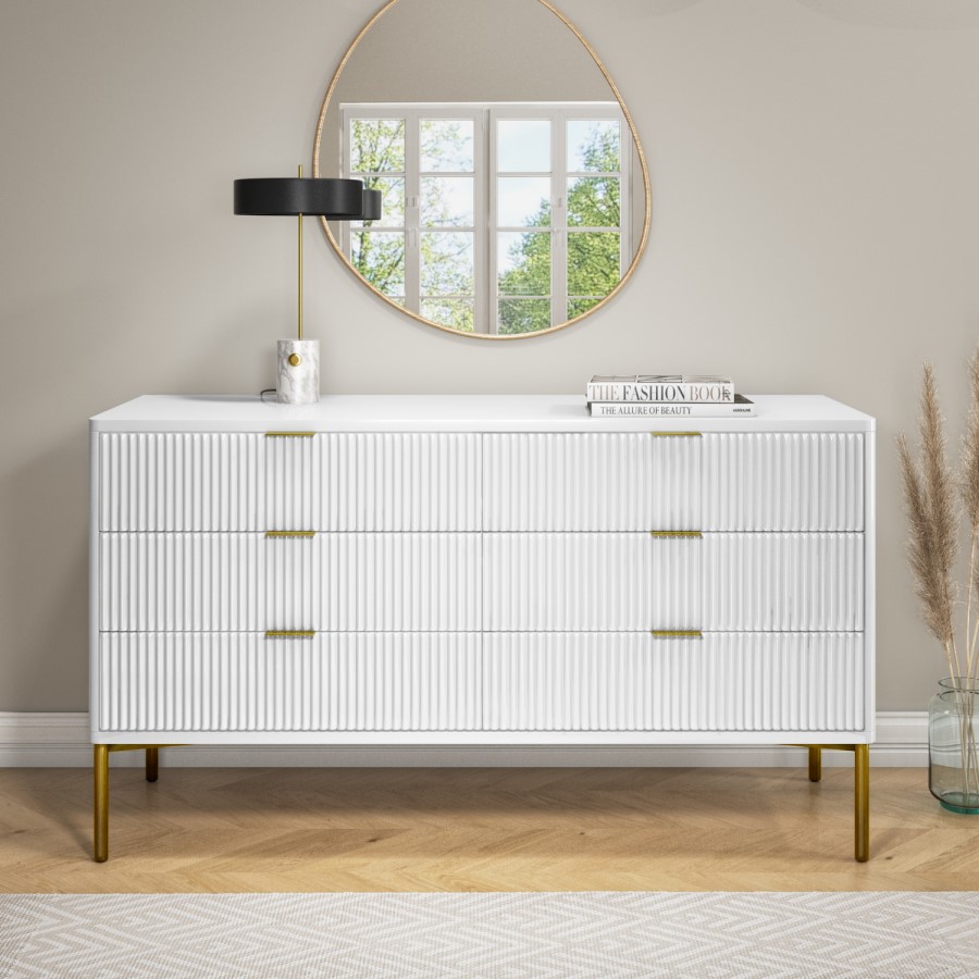 ALMOST PERFECT - Wide White High Gloss Chest of 6 Drawers with Legs - Valencia