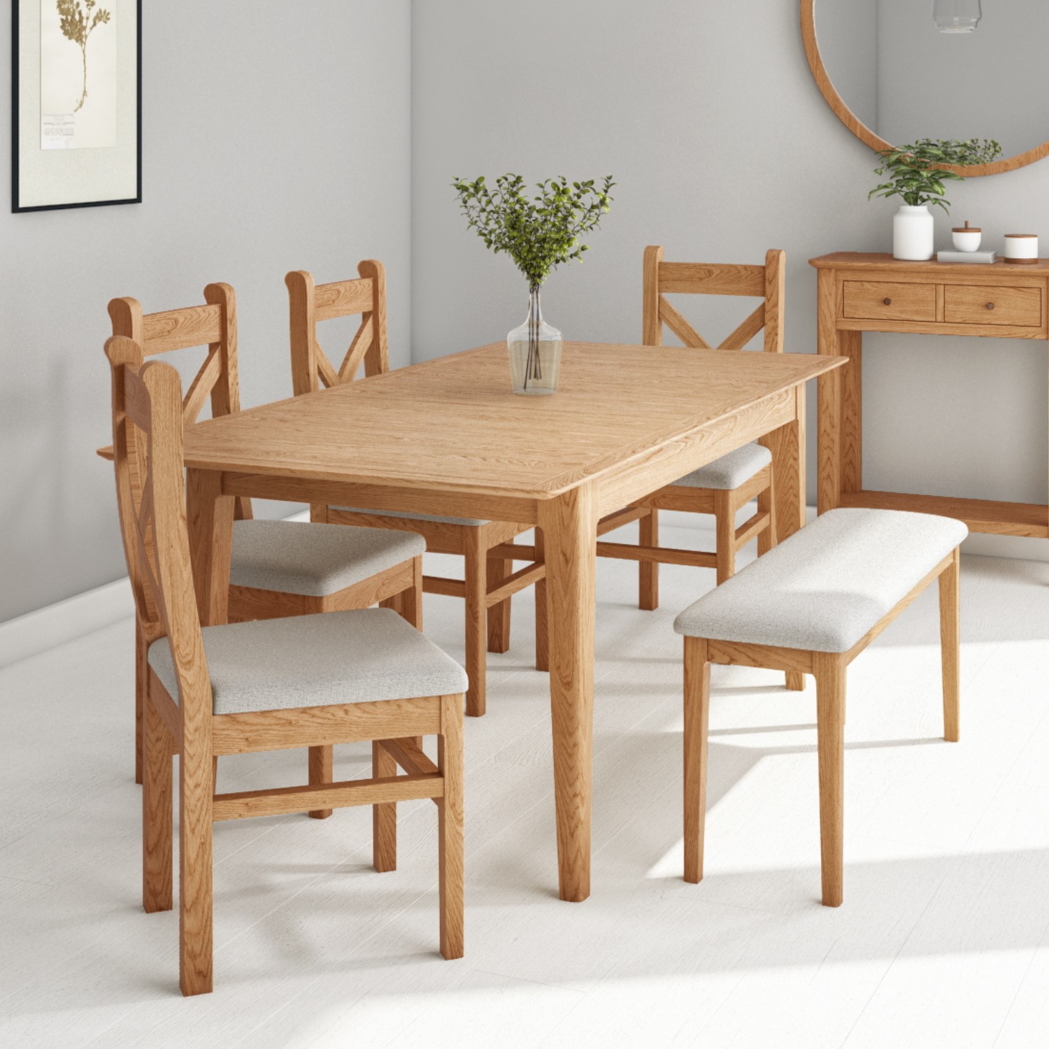 Extendable Dining Set In Solid Oak With 4 Dining Chairs And 1 Bench Seats 6 Adeline Furniture123 Extendable Dining Set In Solid Oak With 4 Dining Chairs And 1 Bench Seats 6 Adeline Furniture123