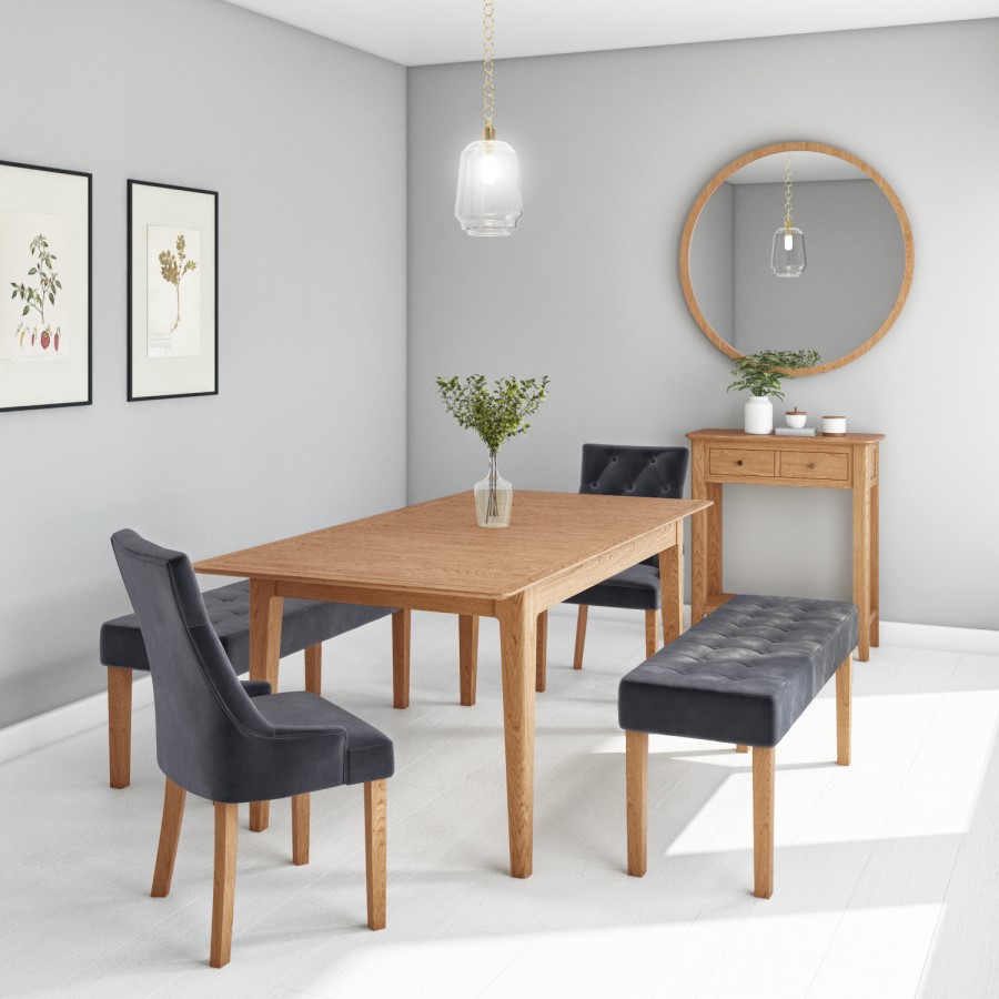 Adeline Solid Oak Extending Dining Table with 2 Grey Velvet Dining Chairs and 2 Grey Velvet Dining Benches