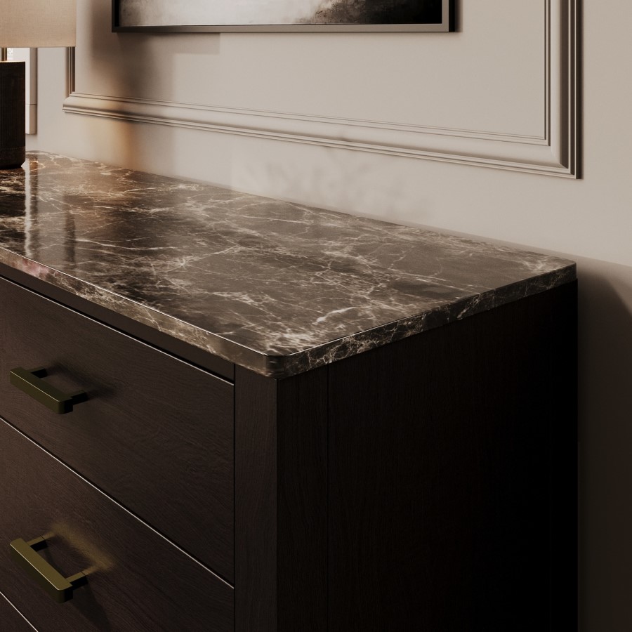 Wide Dark Wood Sideboard with Marble Top - Alessio