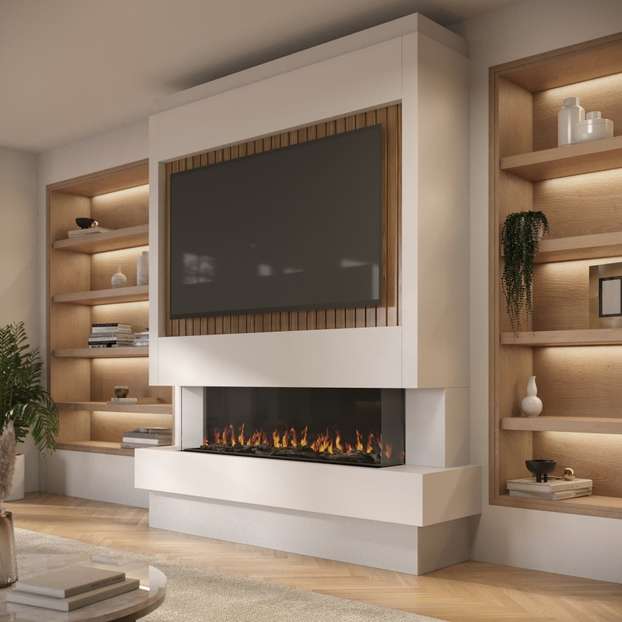 Pre-Built Paintable Media Wall with Inset Electric Smart Fire - AmberGlo