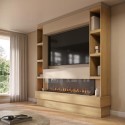 BUN/AGL114/102085 Self Build Oak Media Wall with Black 3-Sided Inset Electric Fireplace with Shelving - 50 Inch - AmberGlo